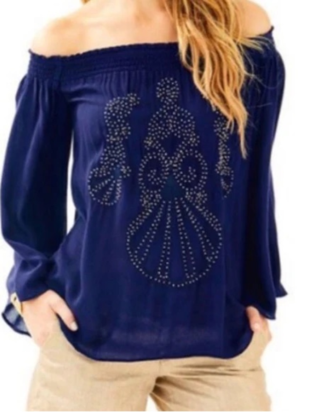 Lilly Pulitzer- Off-Shoulder Navy Studded Women’s Top Size S